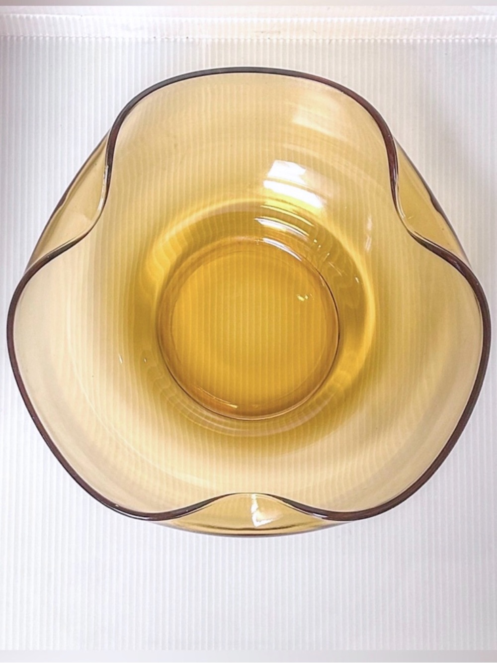 VINTAGE Amber Art Glass Flower Bowl MCM Centerpiece 10”